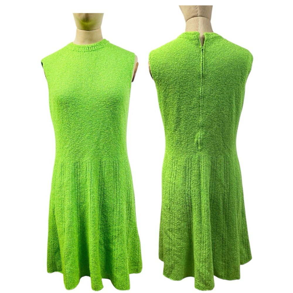 Vintage Retro Dress Mod Knit Green Go Go Midi Shift Brit Sheath 60s LG Cocktail